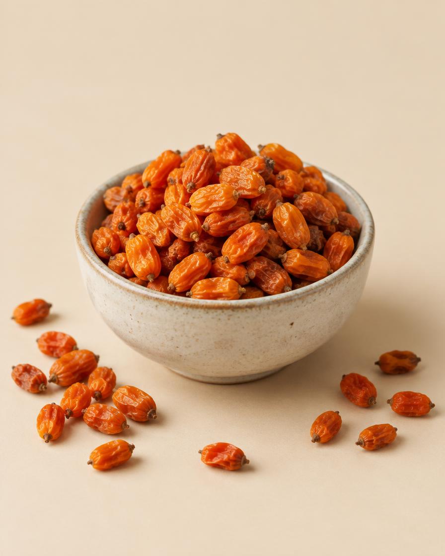 Ceramic bowl filled with dried orange sea buckthorn berries