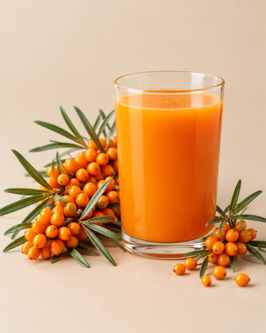 Glass of orange sea buckthorn juice beside fresh sea buckthorn berry sprigs