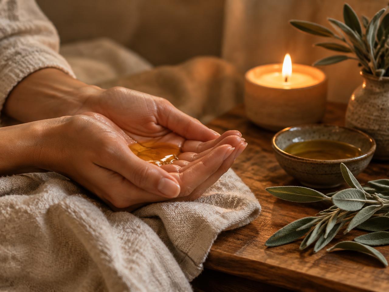 Hands holding golden oil beside a candle and sage leaves